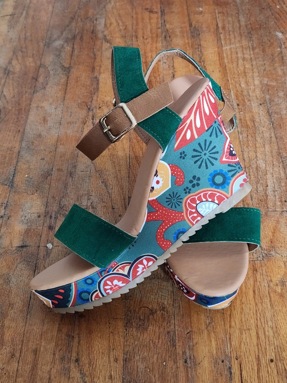 Green Micro Suede Floral-Print Wedge Sandals